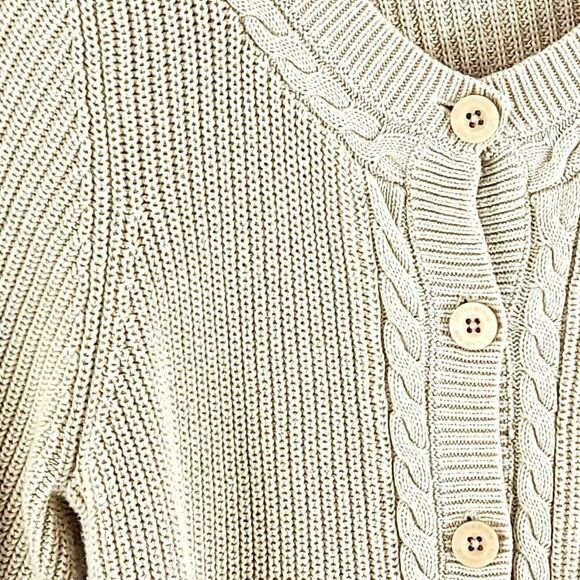 Liz Claiborne‎ Tan Cable Knit Sweater Medium 8/10 Cotton Button Butterfly Sleeve - Picture 2 of 8